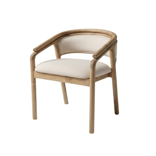 A modern dining chair with a light natural wood frame and curved armrests, featuring cream-colored upholstered seat and back cushions, set against a white background