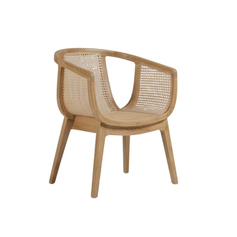 A modern wooden armchair with a natural light oak frame and woven cane backrest and seat, shown on a plain white background.