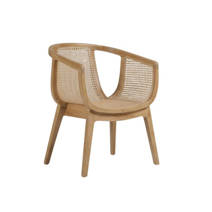 A modern wooden armchair with a natural light oak frame and woven cane backrest and seat, shown on a plain white background.