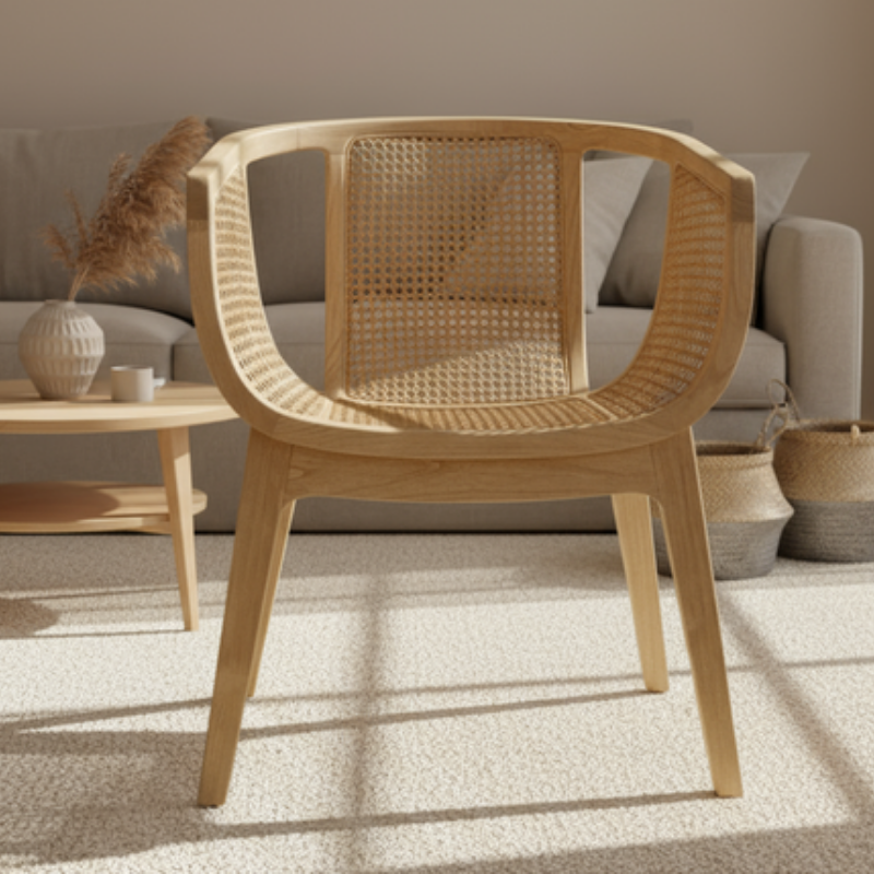 A light natural wood armchair with a woven cane backrest, shown in a bright, modern living room setting with a sofa and side table in the background.
