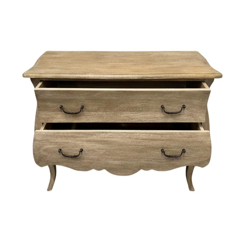 A light natural wood chest of drawers with two open drawers, featuring dark metal handles and curved legs, shown against a plain white background.