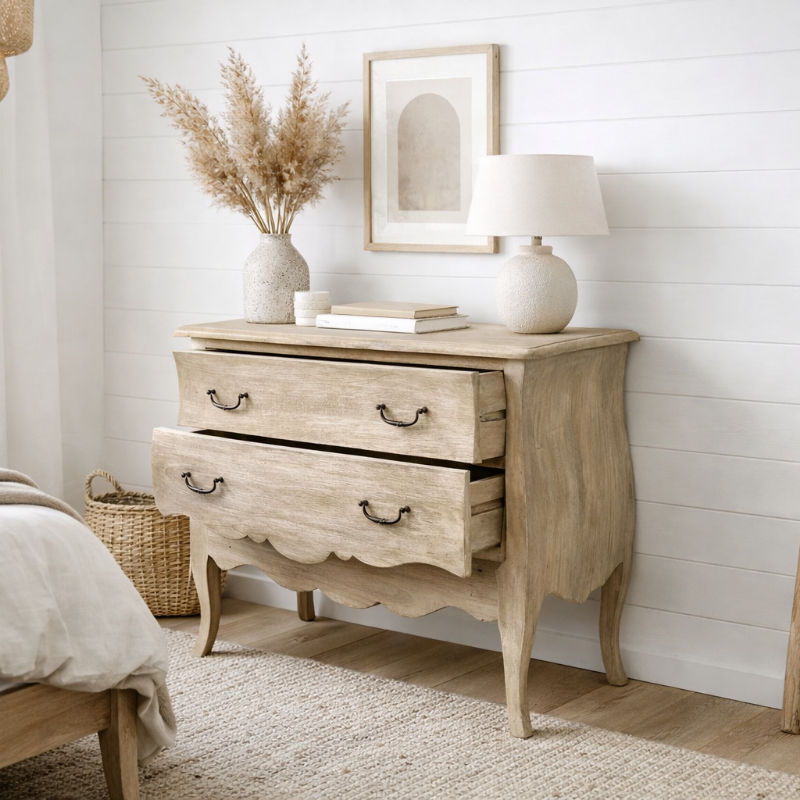 A light natural wood three-drawer nightstand with scalloped drawer fronts and dark metal handles, styled in a bright bedroom setting with a lamp, books, a vase of dried grasses, and framed wall art.