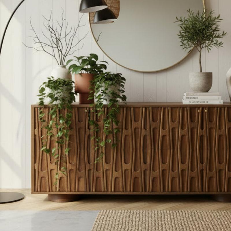 A modern wooden sideboard or credenza with a sculptural wavy front, styled in a bright living room with potted plants, books, a large round mirror, and a floor lamp.
