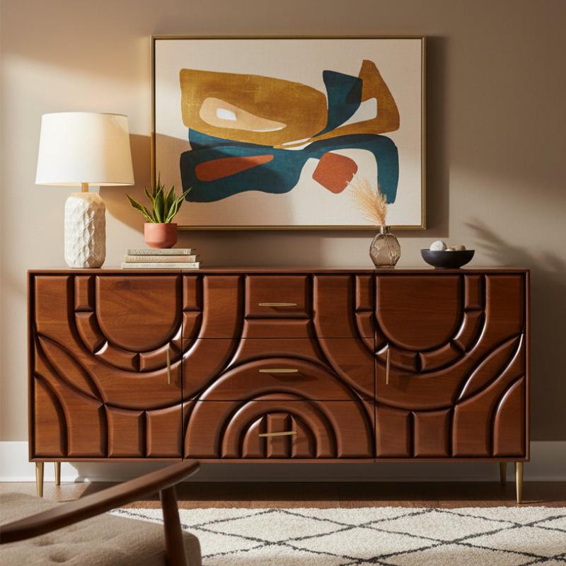 A mid-century modern wooden credenza with carved geometric patterns, styled in a warm living room setting with a lamp, small plant, and abstract wall art.