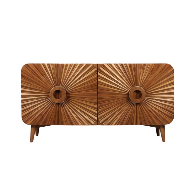 Mid-century modern wooden sideboard with two doors featuring sunburst radial inlay patterns and circular wooden pulls, supported by angled legs on a white background.