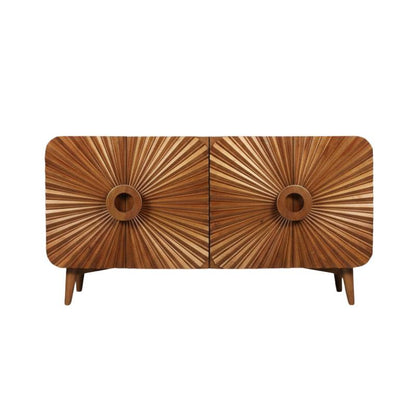 Mid-century modern wooden sideboard with two doors featuring sunburst radial inlay patterns and circular wooden pulls, supported by angled legs on a white background.