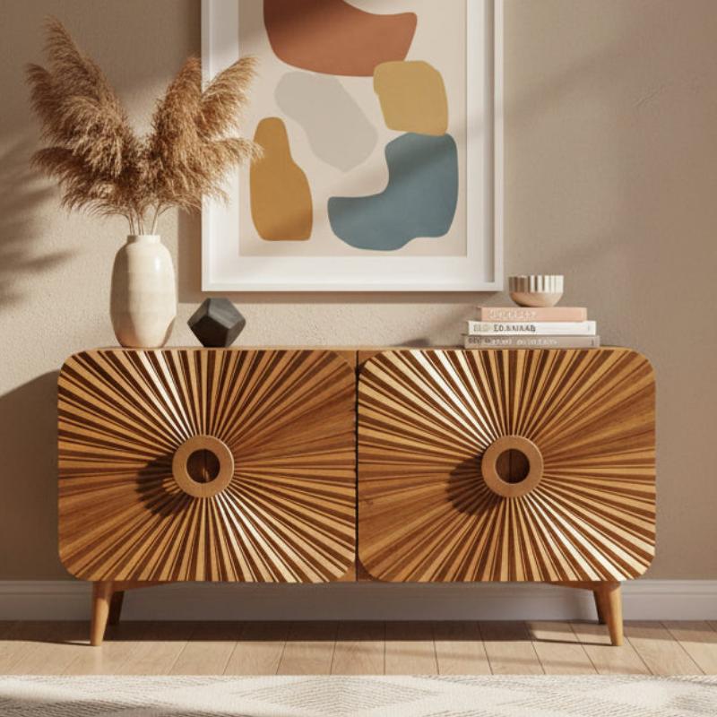 A mid-century modern wooden sideboard with two sunburst-patterned doors and tapered legs, styled in a warm interior setting with a vase of pampas grass, books, and framed abstract art on the wall.