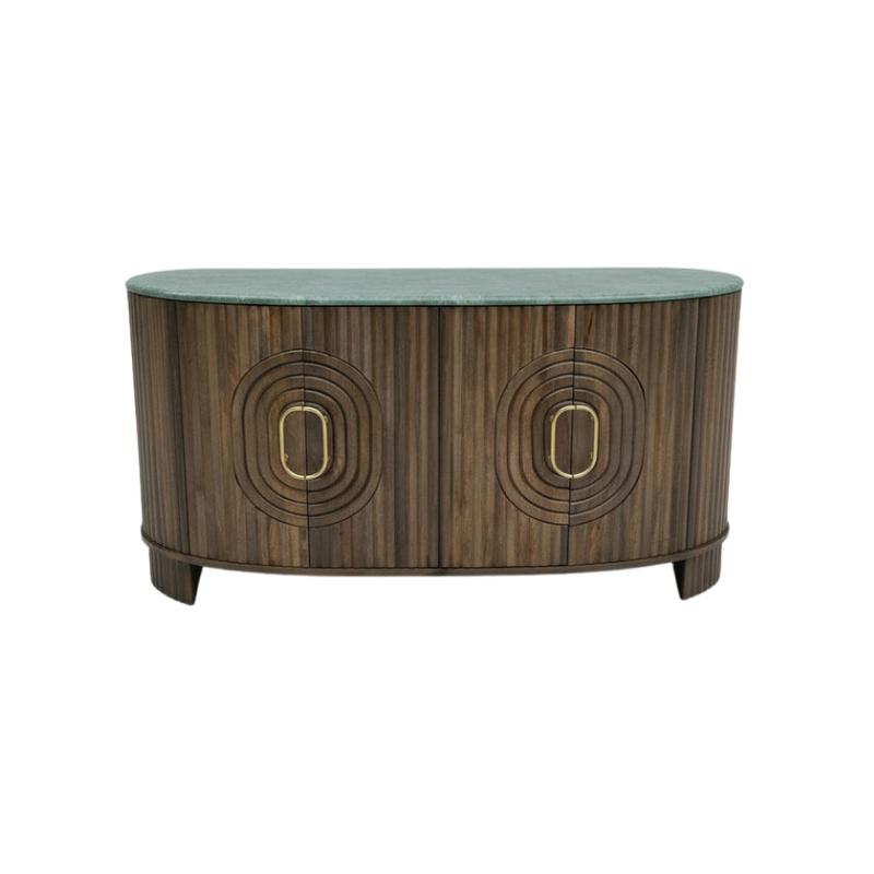 An oval mid-century modern sideboard with a dark brown wood grain body, two concentric oval carved details on the doors, and a muted green stone top, shown against a plain white background.