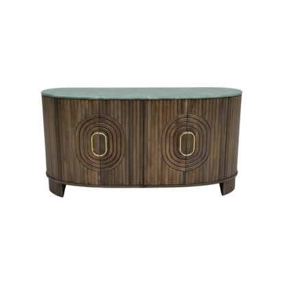 An oval mid-century modern sideboard with a dark brown wood grain body, two concentric oval carved details on the doors, and a muted green stone top, shown against a plain white background.