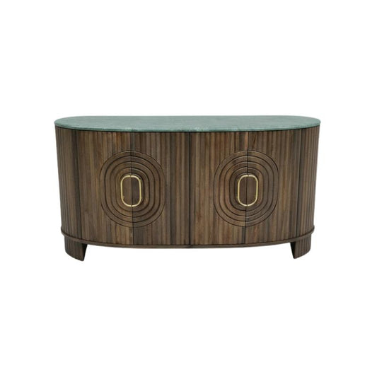 An oval mid-century modern sideboard with a dark brown wood grain body, two concentric oval carved details on the doors, and a muted green stone top, shown against a plain white background.