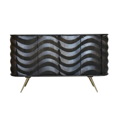 A mid-century modern sideboard featuring wavy, scalloped metallic doors in silver and dark gray, supported by four angled brass legs, shown against a plain white background.