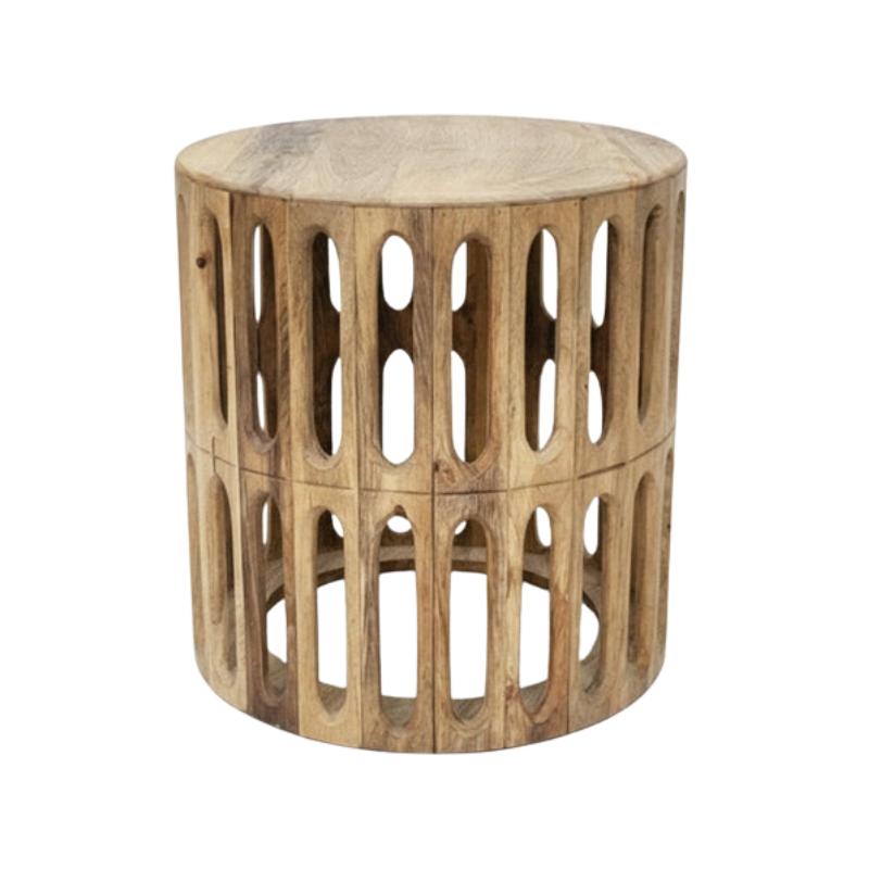 A round wooden side table with a slatted open design, showcasing natural wood grain and a rustic finish, isolated on a white background.