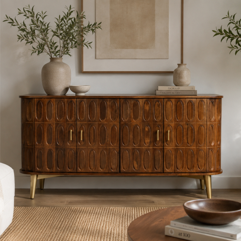 Mid-century modern wooden sideboard cabinet with embossed oval panel detailing and gold-tone legs, styled in a living room setting with vases, books, and wall art.