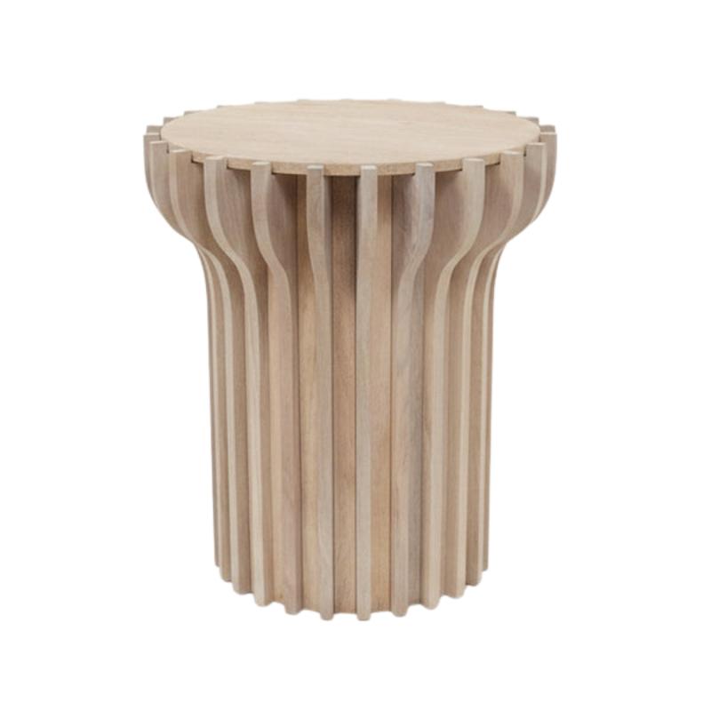 A light natural wood side table with a fluted, ribbed cylindrical base and a round top, shown on a plain white background.