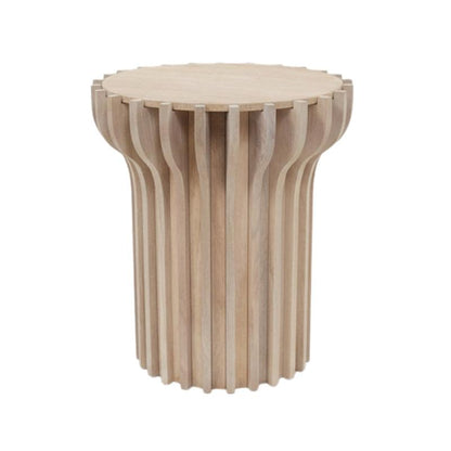 A light natural wood side table with a fluted, ribbed cylindrical base and a round top, shown on a plain white background.