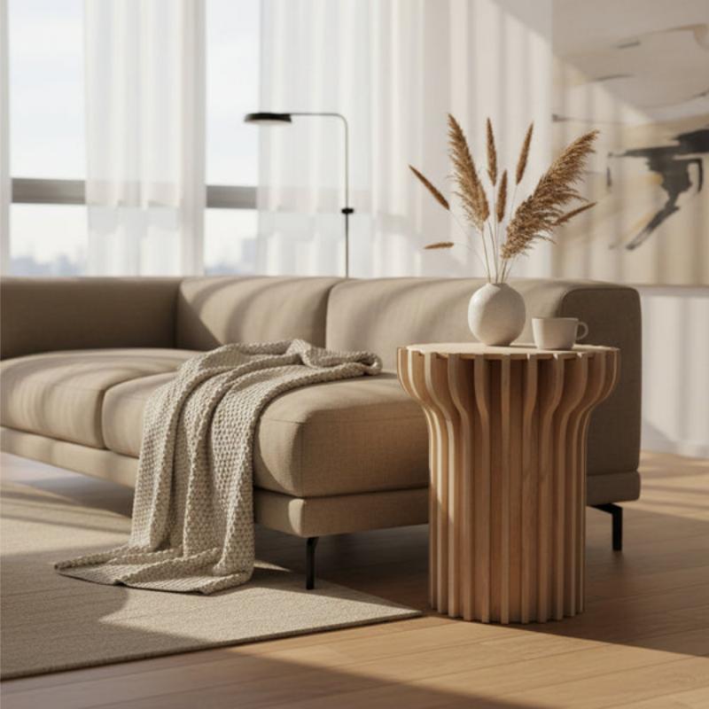 A modern beige fabric sofa in a bright, sunlit living room, styled with a textured cream throw blanket and a fluted wooden side table holding a white vase with dried grass and a small cup.