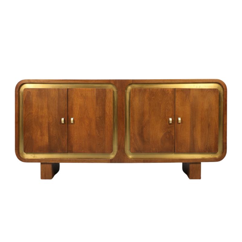 Mid-century modern wooden sideboard cabinet with two doors on each side, featuring a warm brown wood finish and polished brass trim.