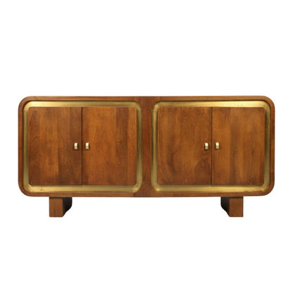 Mid-century modern wooden sideboard cabinet with two doors on each side, featuring a warm brown wood finish and polished brass trim.