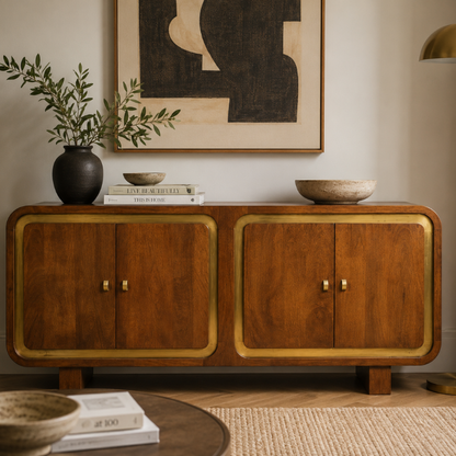 A mid-century modern wooden sideboard cabinet with brass trim and small brass knobs, styled in a warm interior setting with books, a vase of greenery, bowls, and wall art.