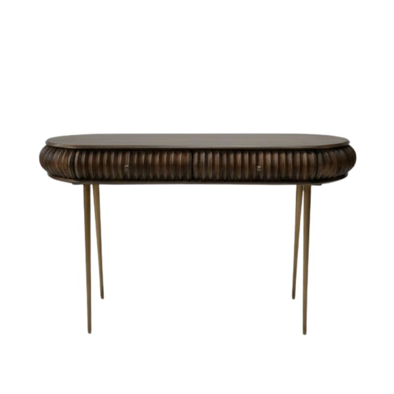 A mid-century modern console table featuring a dark brown ribbed wicker or rattan front, a dark wood top, and three slim gold-finished metal legs, shown against a plain white background.