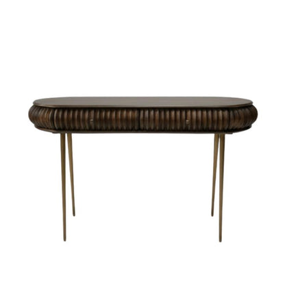 A mid-century modern console table featuring a dark brown ribbed wicker or rattan front, a dark wood top, and three slim gold-finished metal legs, shown against a plain white background.