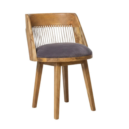 A wooden dining chair with a curved backrest, thin vertical metal wire slats, a round gray upholstered seat cushion, and four tapered wooden legs, shown on a plain white background.
