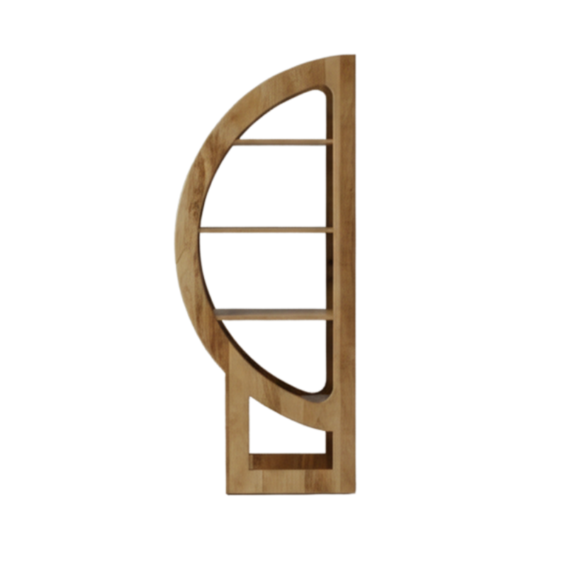 A modern free standing wooden shelf with an asymmetrical crescent arch design and three horizontal shelves, shown against a plain white background.