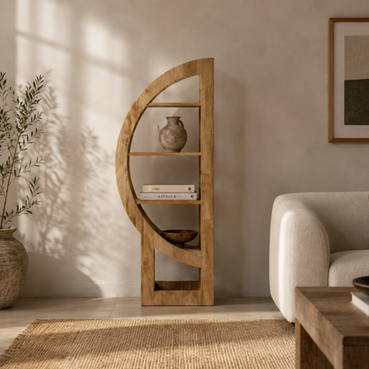 A freestanding wooden arc-shaped bookshelf with three shelves, styled in a warm, modern living room setting next to a light-colored armchair and a potted plant.