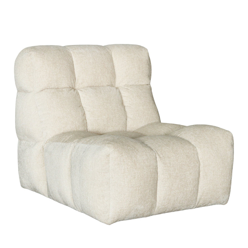 A low-profile, tufted modular lounge chair in a textured cream or off-white fabric, shown against a plain white background.