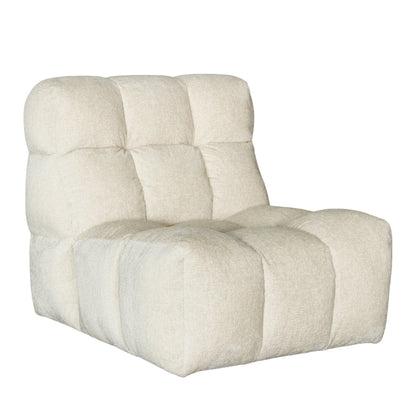 A low-profile, tufted modular lounge chair in a textured cream or off-white fabric, shown against a plain white background.