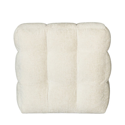 A square, tufted floor cushion in a warm cream or off-white bouclé fabric, shown from a direct front view against a solid white background.