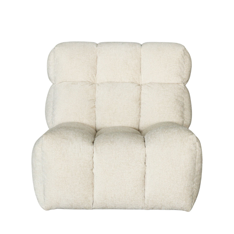 A cream-colored, tufted boucle armchair with a segmented, blocky design, shown against a plain white background.