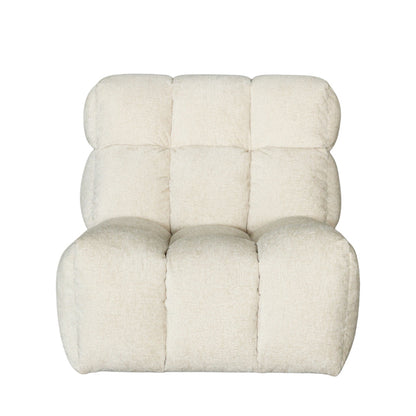 A cream-colored, tufted boucle armchair with a segmented, blocky design, shown against a plain white background.