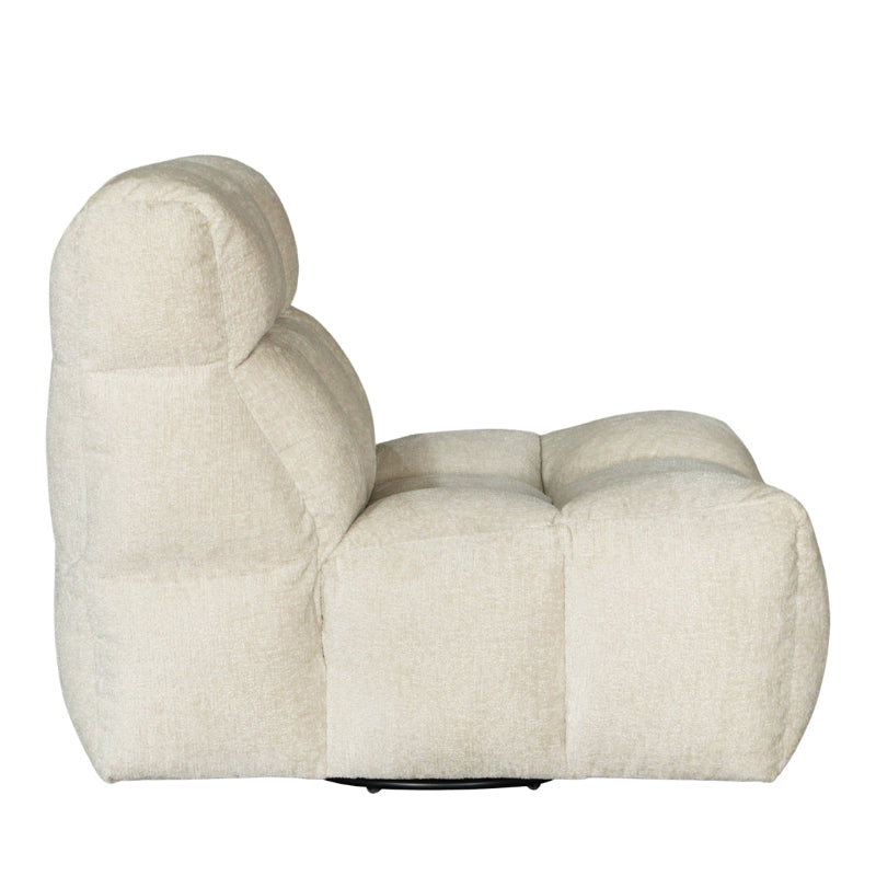 A cream-colored, plush tufted recliner chair with a high back and wide armrests, shown from a side profile view against a plain white background.