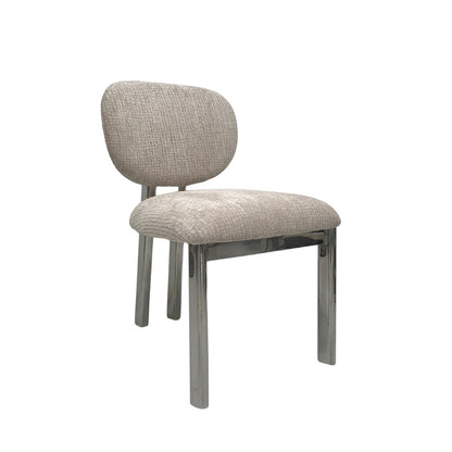 A modern dining chair with a textured light beige fabric upholstered seat and curved backrest, supported by slim polished chrome legs, shown against a plain white background.