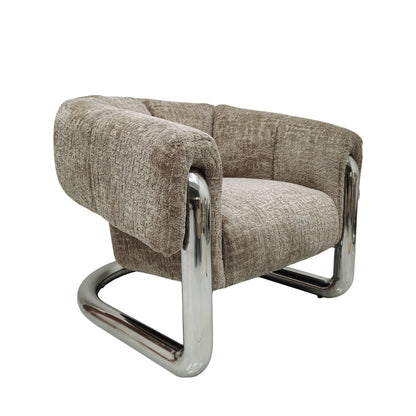 Brown upholstered armchair with chrome frame on a white background