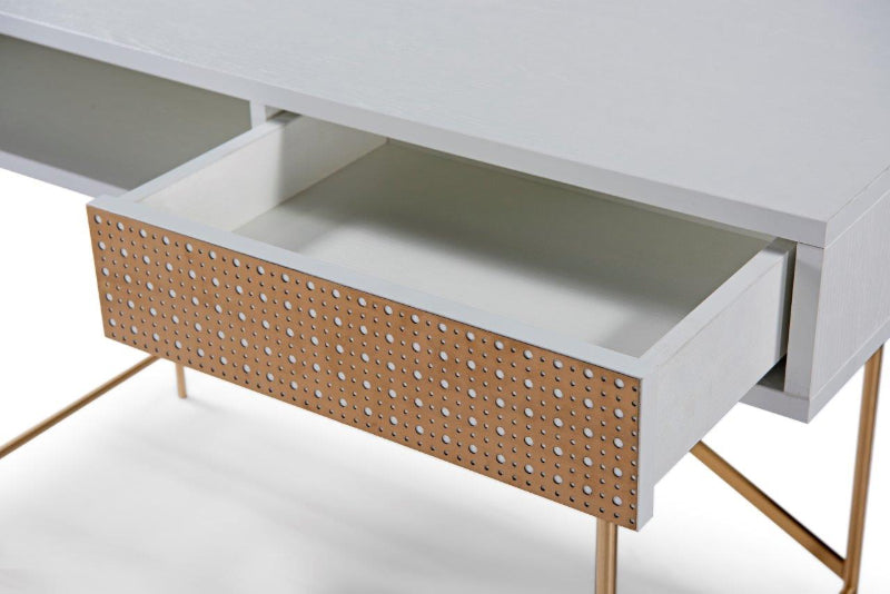 White desk with a perforated metal drawer on a white background