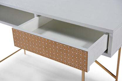 White desk with a perforated metal drawer on a white background