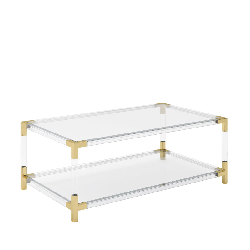 Clear acrylic shelf with gold metal brackets on a white background