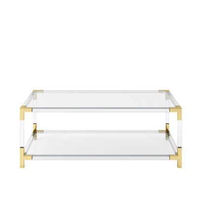 Clear glass coffee table with gold metal frame on a white background