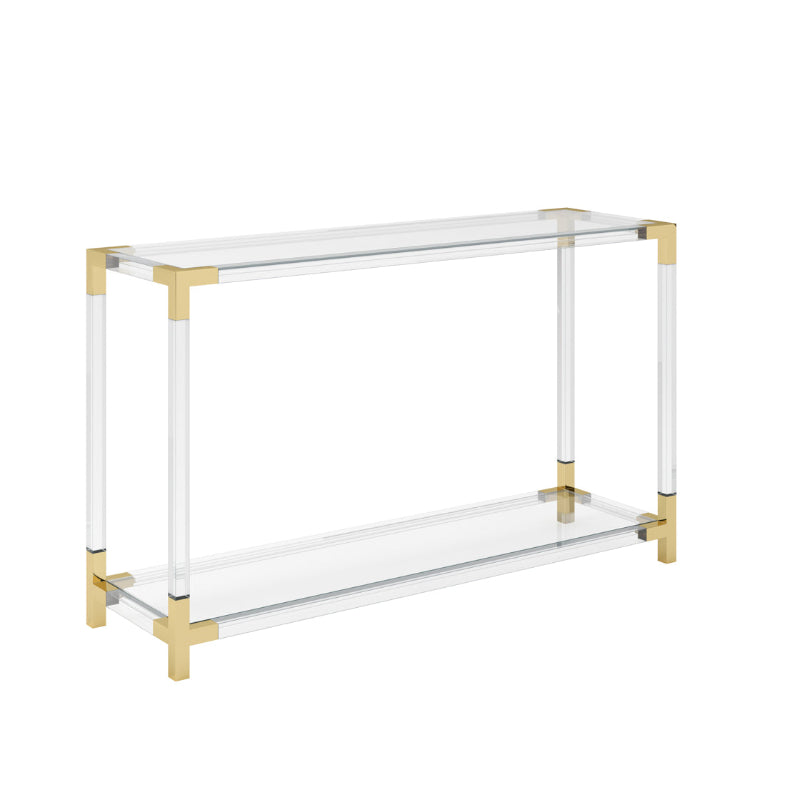 Acrylic console table with gold accents on a white background
