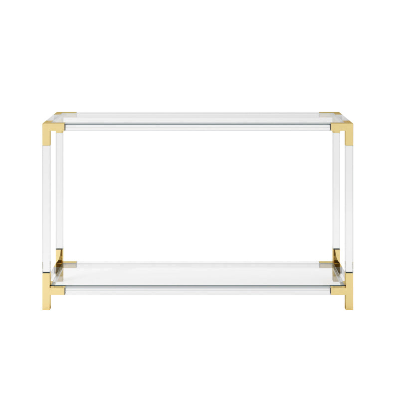 Console table with gold accents on a white background