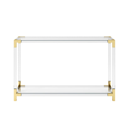 Console table with gold accents on a white background