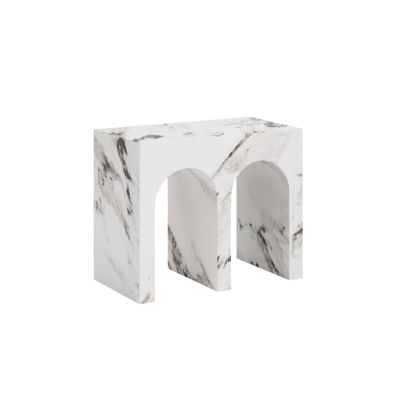 Marble-patterned side table on a white background