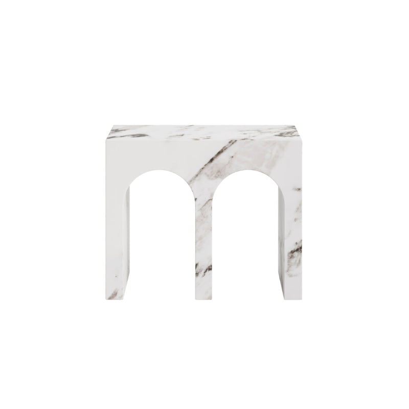 Marble-patterned side table on a white background