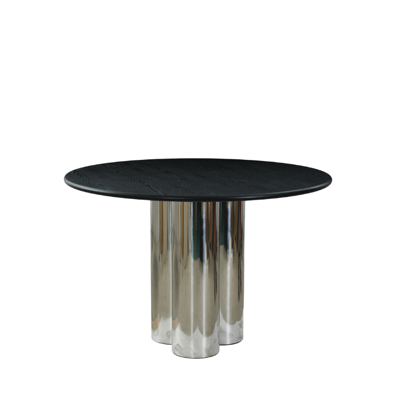 A modern round table with a black wood-grain top and a polished chrome pedestal base, shown against a plain white background.