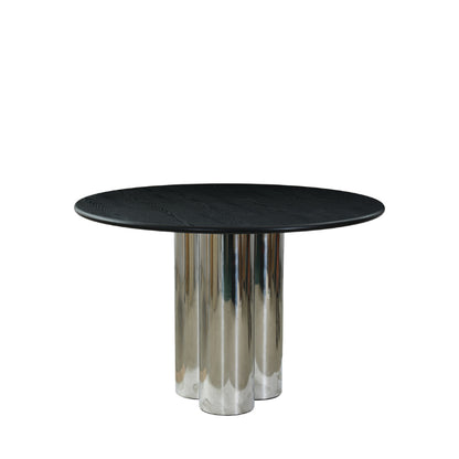 A modern round table with a black wood-grain top and a polished chrome pedestal base, shown against a plain white background.