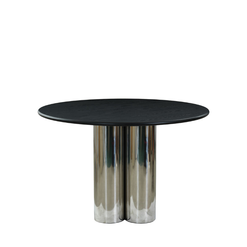 Round black table with metallic cylindrical legs on a white background
