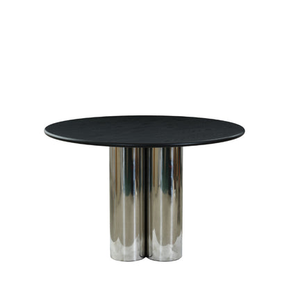 Round black table with metallic cylindrical legs on a white background