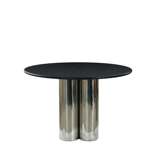 Round black table with metallic cylindrical legs on a white background